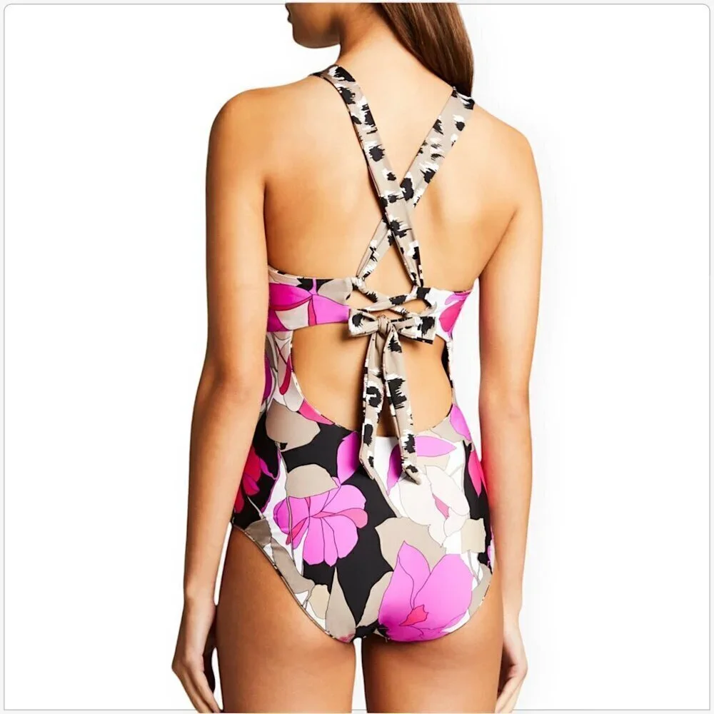 Trina Turk Lynx Reversible High Neck One Piece Swimsuit Floral Animal New NWT 12